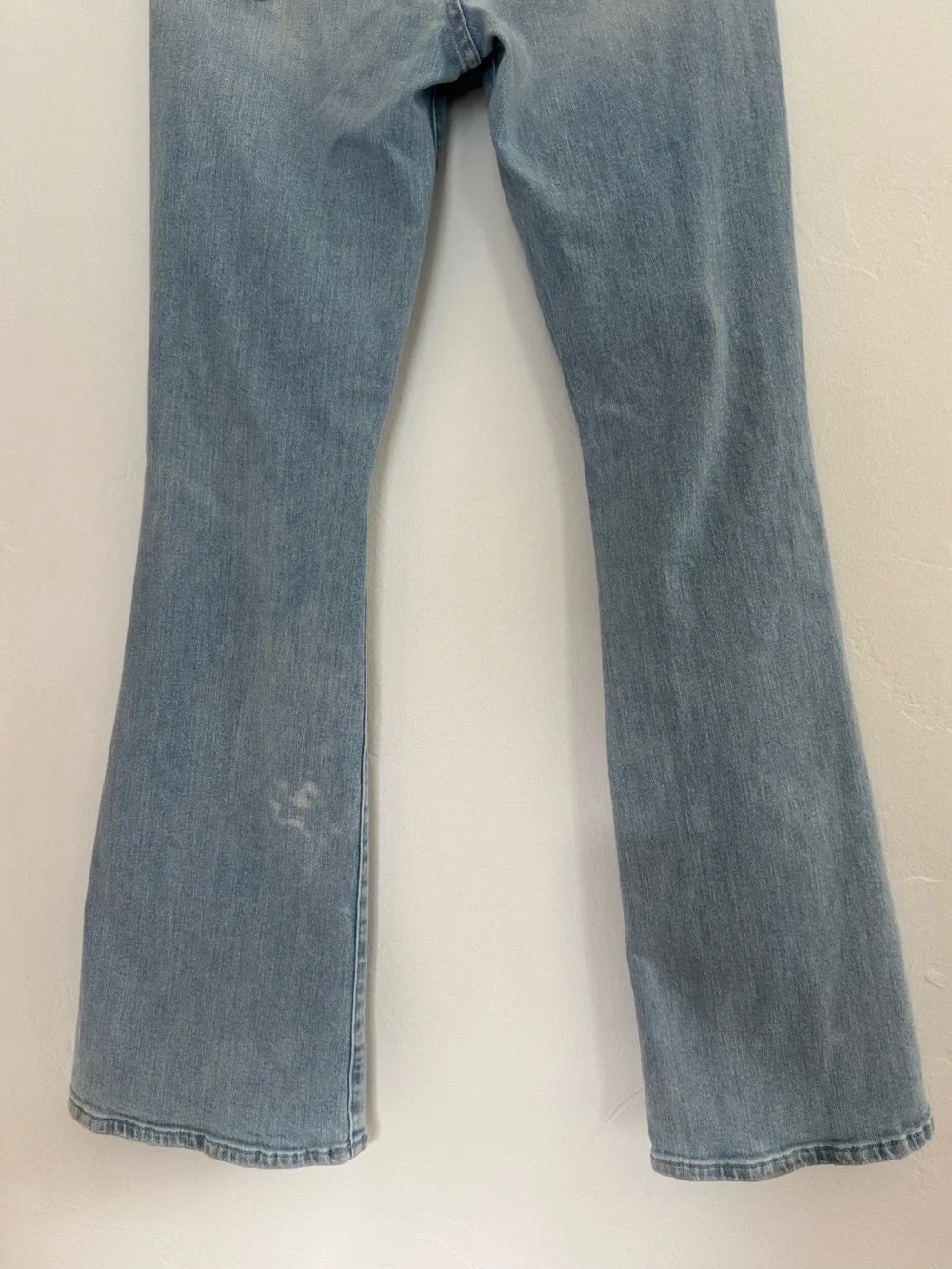 Mother The Weekender Flare Jean Free Hugs Distressed Light Wash Denim